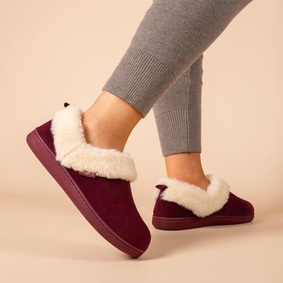 Women's Burgundy Warm Winter Velvet Fuzzy Collar House Slippers Bootie Shoes - Picture 2 of 6